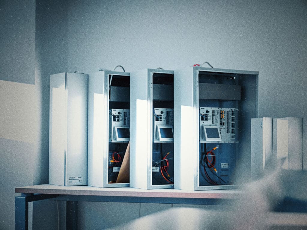 Three open electrical panels with wiring and components inside are mounted on a tabletop against a light-colored wall. The panels, designed for natural ventilation systems, are equipped with various electronic devices and screens.