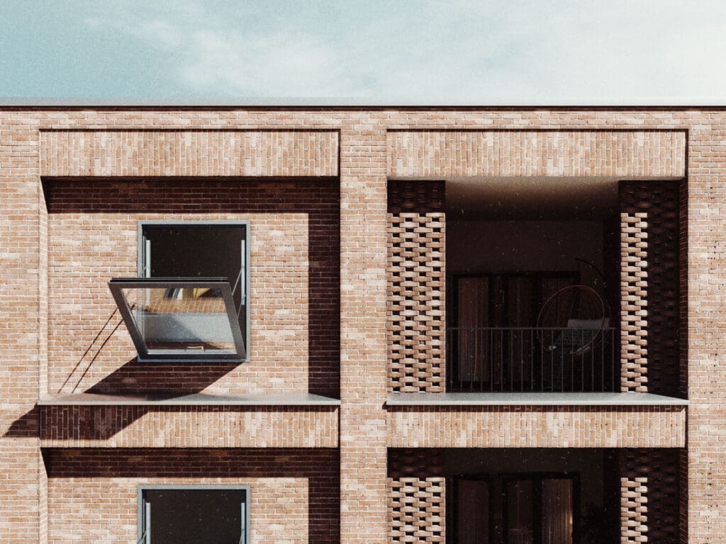 A modern brick building facade features one open window on the left with advanced window actuators, while a balcony with a hanging chair on the right invites relaxation under a clear sky.