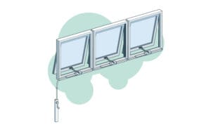 Illustration of three awning windows with top hinges, shown in an open position. The windows are connected by a mechanical linkage operated by a single manual handle at the side, and enhanced with window actuators for ease and efficiency.