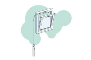 Illustration of a wall-mounted pull-out drying rack with a rectangular frame, diagonal support bars, and three hooks for hanging items, seamlessly integrated with natural ventilation features.