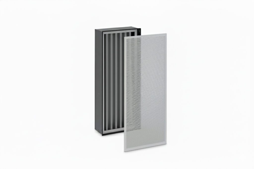A rectangular air filter with a removable white front panel and a visible internal filter section, displayed on a plain white background.