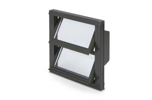 A black framed awning window with two glass panes partially open, designed for ventilation.