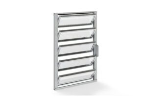 A silver aluminum louvered window with six slanted glass panes arranged horizontally.