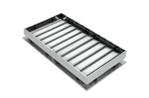 A metal tray with a series of parallel ridges inside it, ideal for use in systems with window actuators. The tray is rectangular and open at the top.