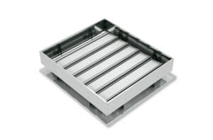 Image of a square metal floor hatch access cover with recessed panels and a sturdy frame, designed for building and construction use, seamlessly integrating smoke ventilation features.