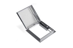 Image of an open square roof hatch with a hinged metal frame and a gas spring mechanism. The hatch is partially elevated, showcasing the inner structural components, ideal for natural ventilation.