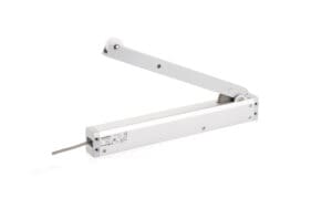 A white, mechanical swing door arm mechanism with an attached rectangular base and protruding metal rod, perfect for integrating into door automation systems.
