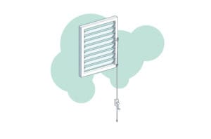 An illustration of a louvered window with an attached lever mechanism for opening and closing the slats, showcasing its integration with window actuators for efficient smoke ventilation.