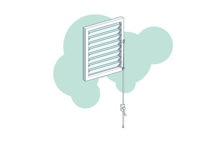 An illustration of a louvered window with an attached lever mechanism for opening and closing the slats, showcasing its integration with window actuators for efficient smoke ventilation.
