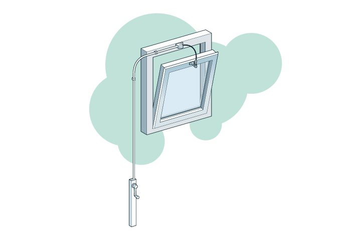 Illustration of an open window with a mechanized window operator attached, displaying a cable connected to a control mechanism on the side, showcasing advanced door automation and natural ventilation solutions.