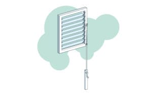 An illustration of a louvered window with adjustable slats and an efficient handle mechanism to the side delivers optimal natural ventilation. The background features abstract green shapes.