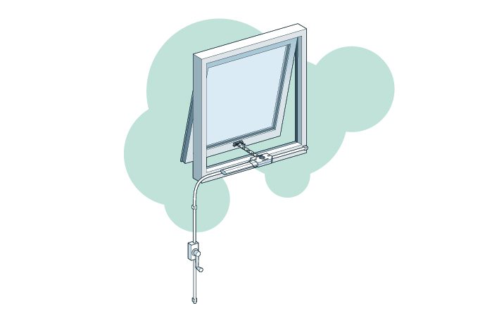Illustration of a hinged window opening outward with a mechanical arm, cord system for operation, and window actuators to enhance natural ventilation.