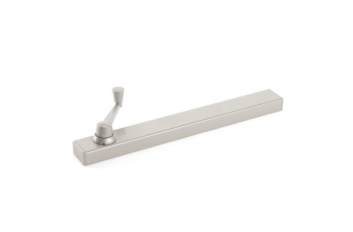 A metallic door closer with an extended arm, designed to automatically close a door and enhance natural ventilation, placed on a white background.