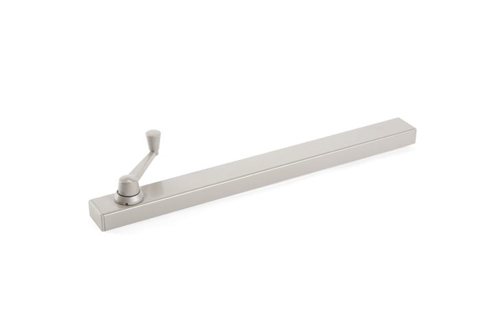 Silver door closer with a manual arm attachment, designed for automatic door closing after opening, also compatible with natural ventilation systems.