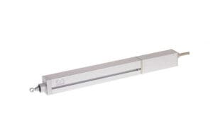 Linear actuator with a metal casing and an electrical cable attached at one end, ideal for window actuators in both smoke ventilation and natural ventilation systems.