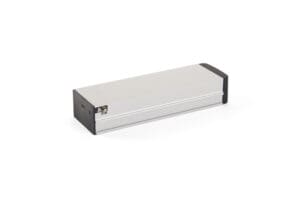 A rectangular silver and black battery pack with a connector port on one end, ideal for powering various electronic devices, including window actuators in door automation systems.