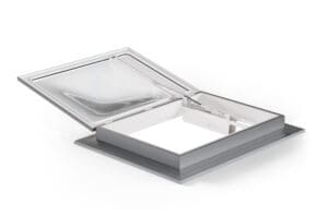 A metal and glass roof hatch partially open, featuring window actuators for natural ventilation, set against a white background.