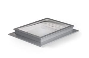 A gray metal skylight with a rectangular frame, fitted onto a sloped base, integrates window actuators for optimal natural ventilation.