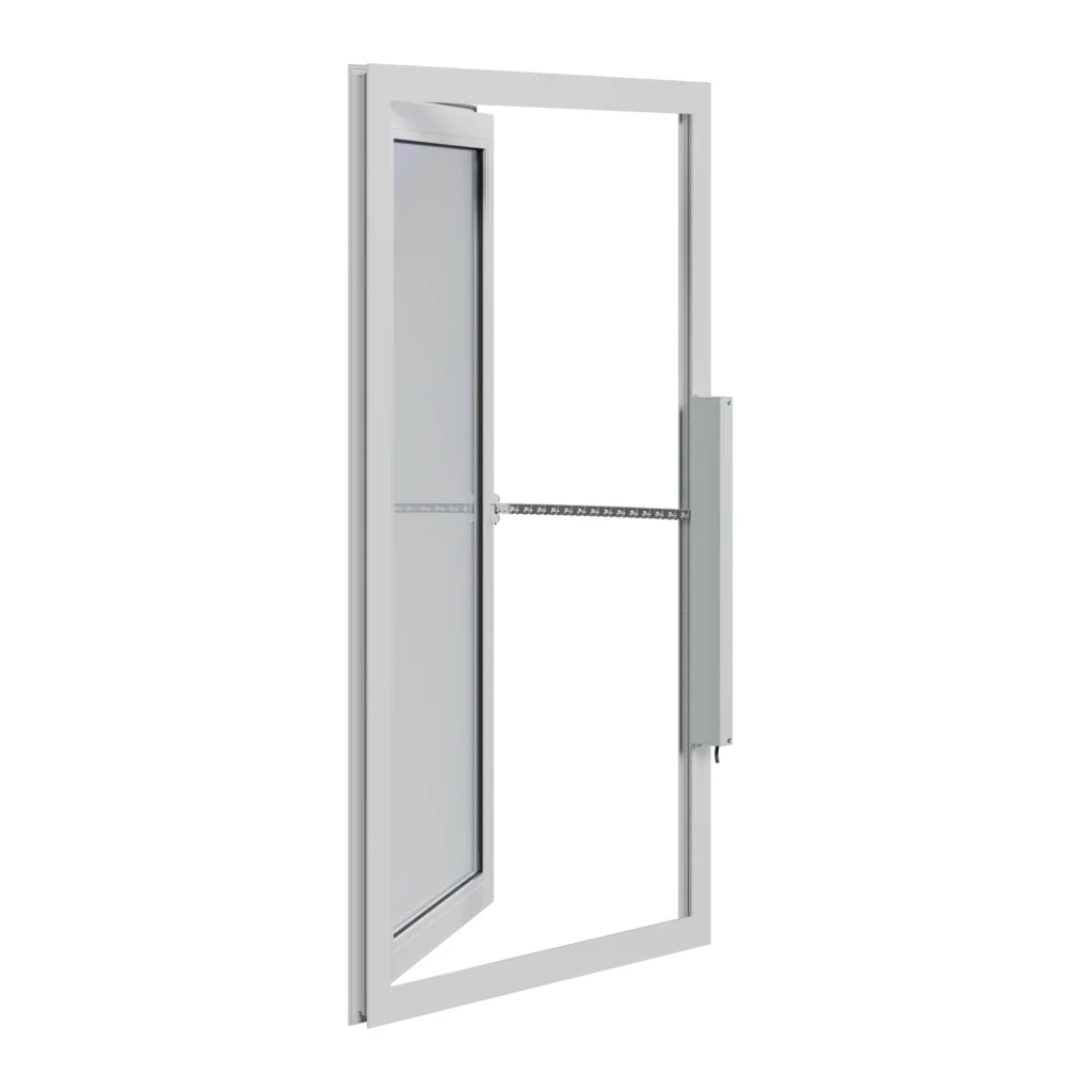 A grey metal door with a hinged glass panel is partially open, showing a connecting bar mechanism attached to the side frame.