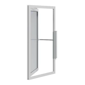 A grey metal door with a hinged glass panel is partially open, showing a connecting bar mechanism attached to the side frame.