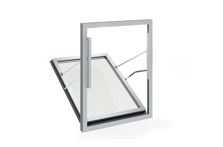 A top-hung, outward-opening window with a metallic frame and clear glass panel, shown partially open, offering excellent natural ventilation.