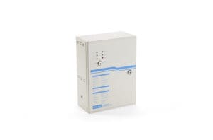 A beige electronic device with indicator lights and two keyholes on its front panel, featuring a blue stripe and text detailing specifications. Ideal for door automation systems, it ensures seamless integration with modern security solutions.