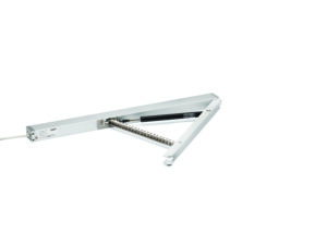 A triangular metallic frame with a hydraulic component connected to a cable, often used in window actuators, set against a white background.