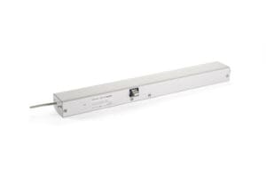 A long, rectangular metal bar with a wire attached at one end, featuring a small connector in the middle, ideal for integrating into door automation systems.