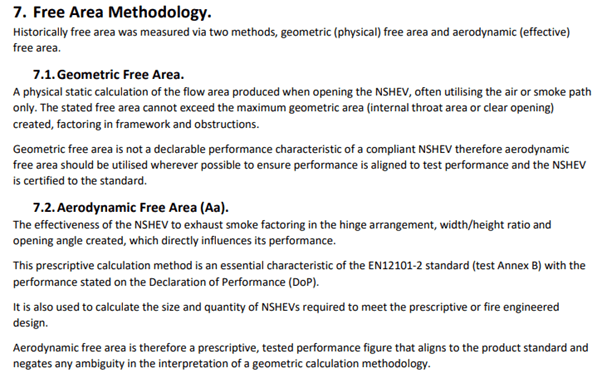 Text outlining methodology for measuring aerodynamic and geometric free area values in relation to NSHEV (Natural Smoke and Heat Exhaust Ventilators) compliance to product standards.