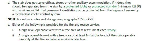 Guidelines about stairway usage, fire safety measures, and provisions for fire and rescue services, including criteria for protected lobbies or corridors and operable windows.