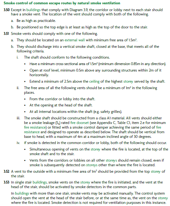 Text document detailing escape routes and smoke control strategies for buildings, including specific standards and measurements for smoke vents, shaft design, and fire resistance.