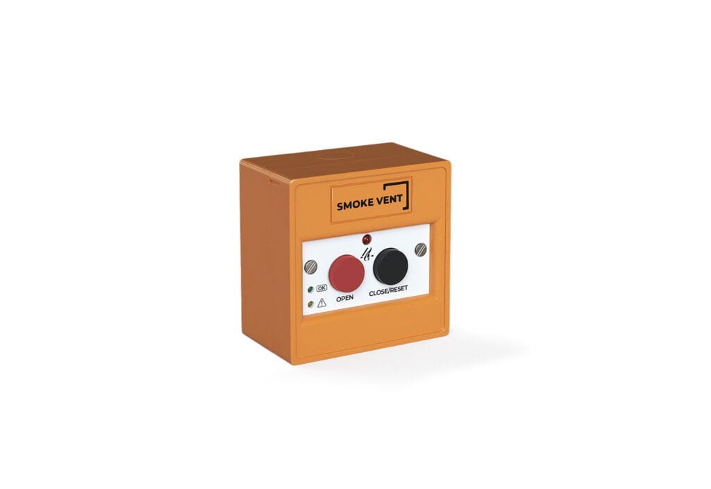 Orange smoke vent control unit with buttons labelled "Open" and "Close/Reset" on a white background.
