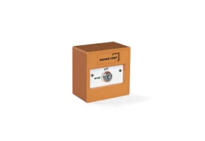 Orange smoke vent control panel with a key switch and labels for 