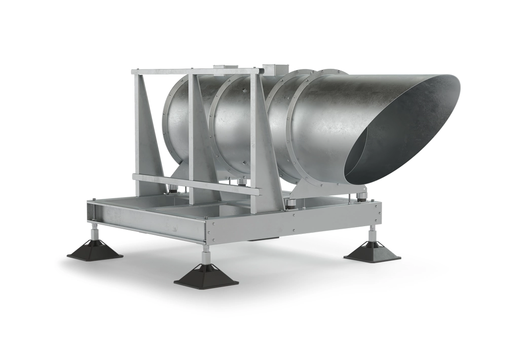 Metal industrial fan with a cylindrical body and a large conical output, mounted on a sturdy frame with rubber feet.