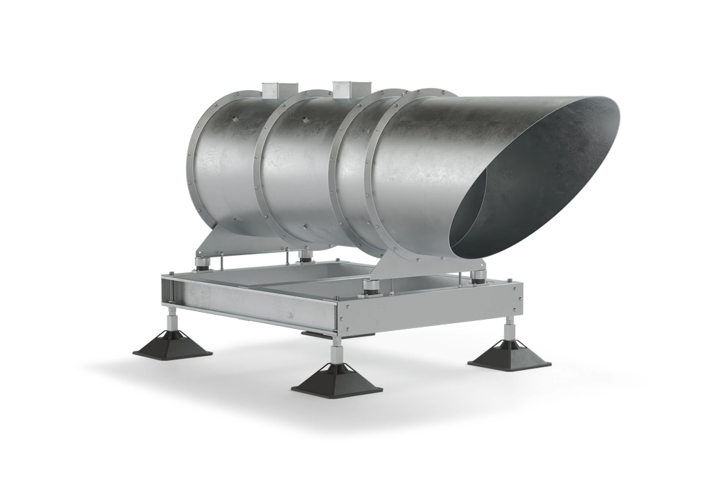 Metal industrial ventilation duct with a conical end on a metal base with four supports.