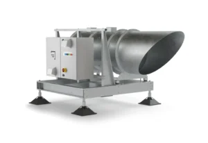 Industrial air ventilation unit with a large cylindrical metal duct connected to a control box, mounted on a metal platform with four legs.