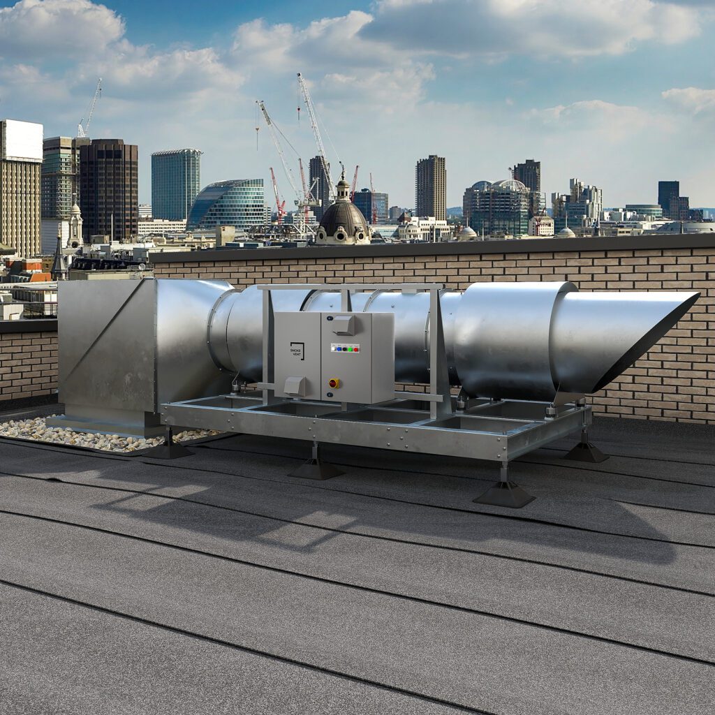 Rooftop view of an industrial ventilation system with a city skyline in the background.