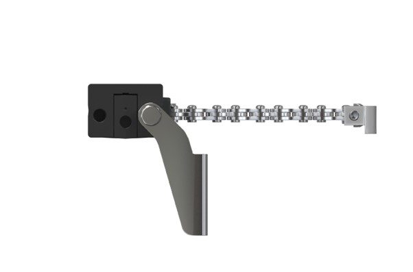 Side view of a compact chain drive window actuator showing body, mountain brackets and chain