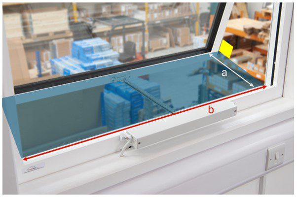 The open window, equipped with window actuators, features a blue-tinted area showing geometric free area defined by dimensions "a" and "b," along with a yellow square showing right angle to the sash.