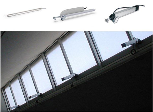 Above a series of windows equipped with similar devices, different types of window actuators are showcased, demonstrating their application in automatically opening and closing windows.