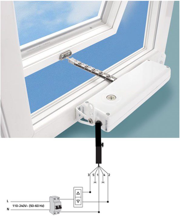 Automated window fitted with 230v mains voltage chain actuator showing typical wiring schematic