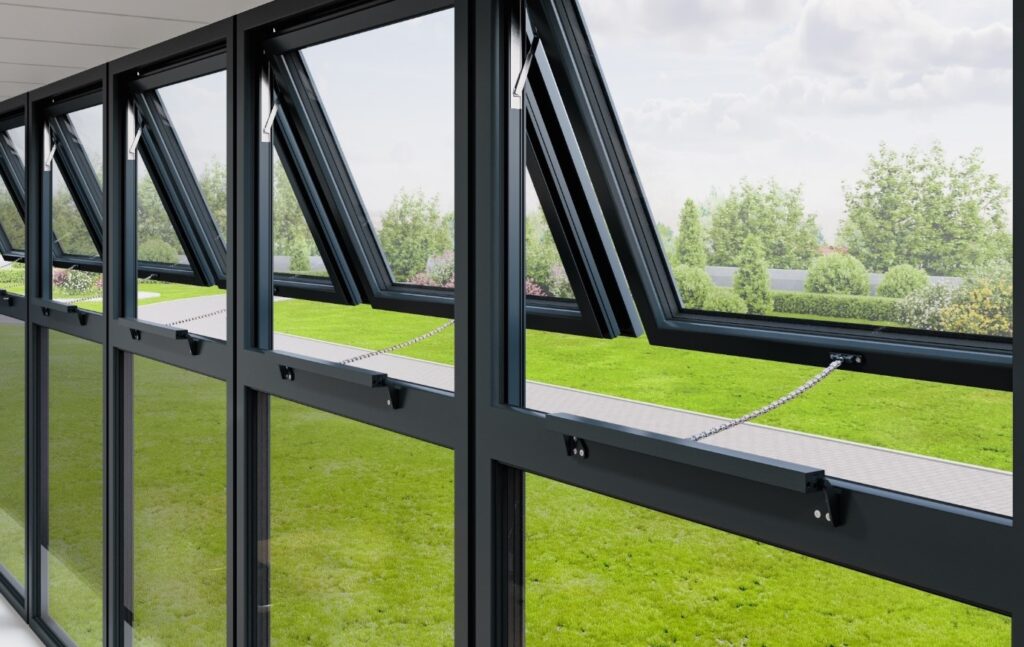 String of open black windows fitted with window actuators