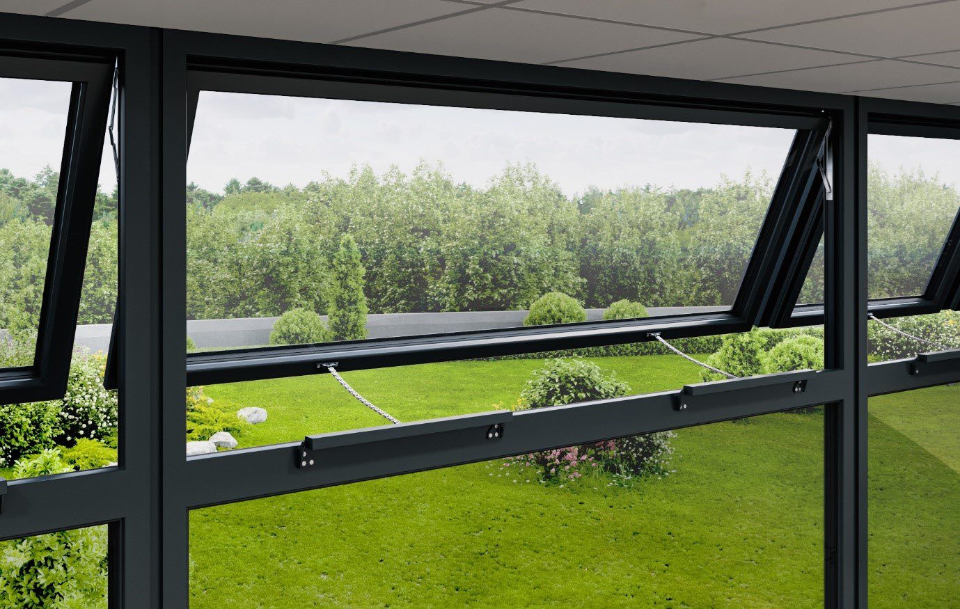 Office windows equipped with a synchronised pair of window actuators for automated windows