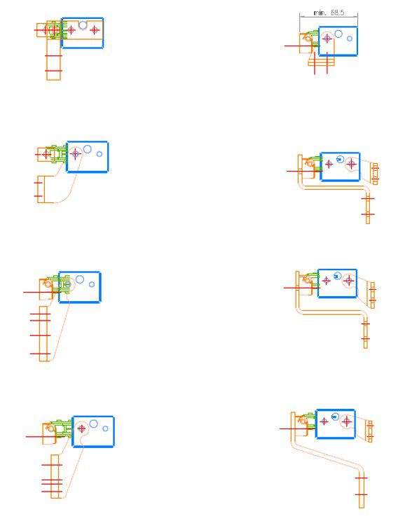 A technical diagram displaying eight variations of a mechanical component assembly features window actuators, with highlighted connections and dimensions.