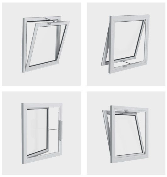 Four types of windows are displayed, each in a different opening position: top-hung, bottom-hinged, side-hinged, and tilt-turn. All feature a sleek, white frame complemented by advanced window actuators for effortless operation.