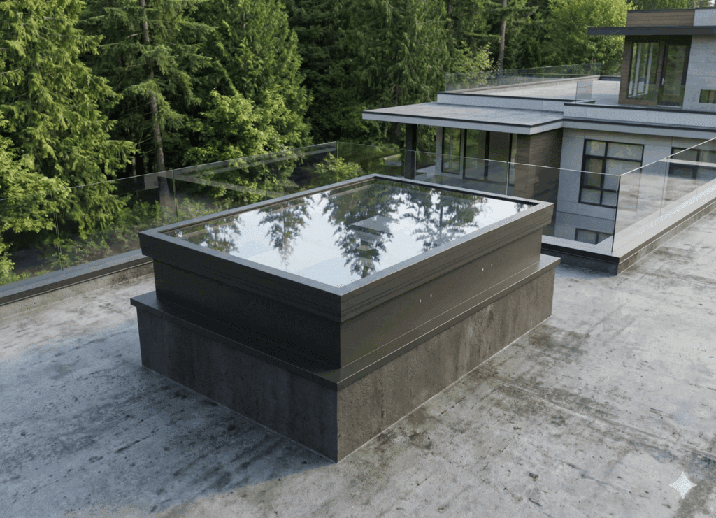 A modern rooftop with a large rectangular skylight reflecting trees, surrounded by glass railings and adjacent to a contemporary house in a wooded area.