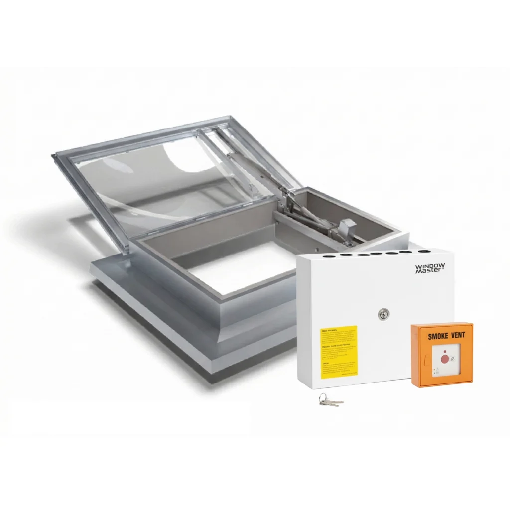 A smoke ventilation system with an open roof hatch, a control box, and an emergency smoke vent switch.