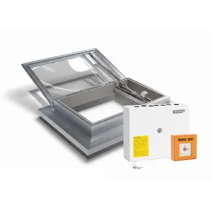 A smoke ventilation system with an open roof hatch, a control box, and an emergency smoke vent switch.