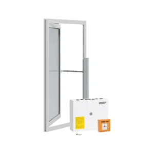 A metal-framed AOV window with an open pane, an electronic control box, a key, and an orange smoke vent switch are displayed against a white background.