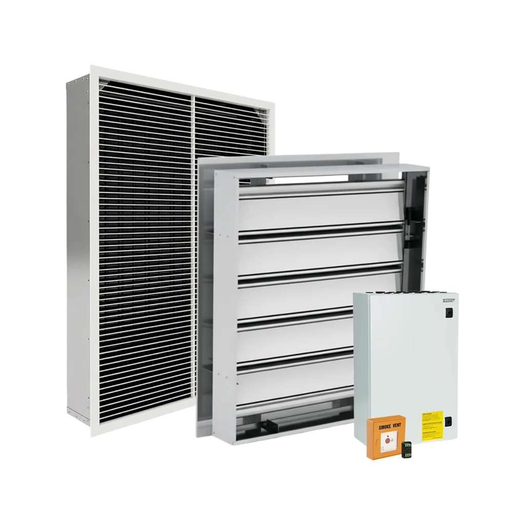 Smoke Shaft System including SV-W-D2 smoke control dampers 1m², SV-R-L4 roof louvre 1m², DM3 damper modules, WSC 520 0IM0 control unit and WSK 501 manual call points.